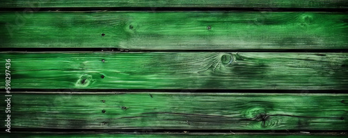 A rustic wooden texture with a green tinge serves as a captivating background, showcasing the beauty of vintage, weathered wood and the charm of nature. Banner of rough decorative planks.Generative AI