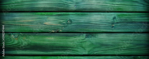 A rustic wooden texture with a green tinge serves as a captivating background, showcasing the beauty of vintage, weathered wood and the charm of nature. Banner of rough decorative planks.Generative AI