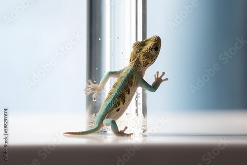 Gecko climbing up a glass surfac photo