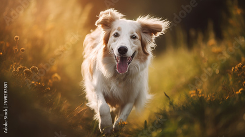 A joyful young Labrador retriever plays gleefully in the sunlit park, embodying the spirit of happiness and friendship that dogs bring to our lives. Happy golden retriever. Canine love. Generative AI. © Fortis Design