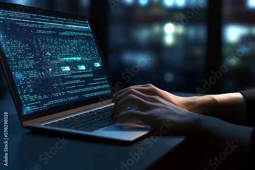 Software development concept. Coding programmer, software engineer working on laptop with javascript computer code on virtual screen, internet of things IoT, digital technology, Generative AI