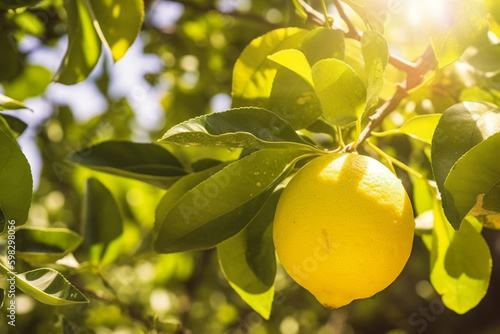 Bathed in sunlight  a lemon tree flourishes in a vibrant garden  showcasing its bright yellow fruits and lush green leaves. Healthy lifestyle and nutrition. Source of vitamin C and zinc. Generative AI