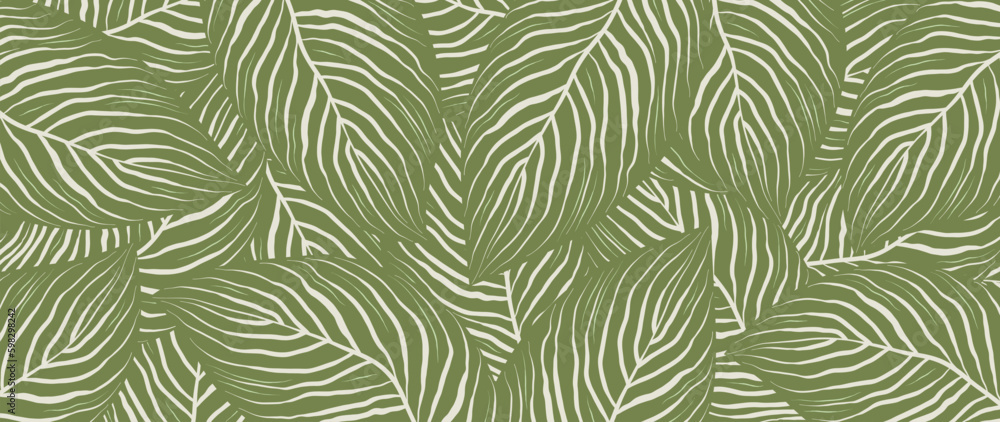 Luxury botanical nature leaf design on green background. Tropical leafy wallpaper, with a simple abstract shape. Hand drawn outline for fabric, print, wall decor, banner.
