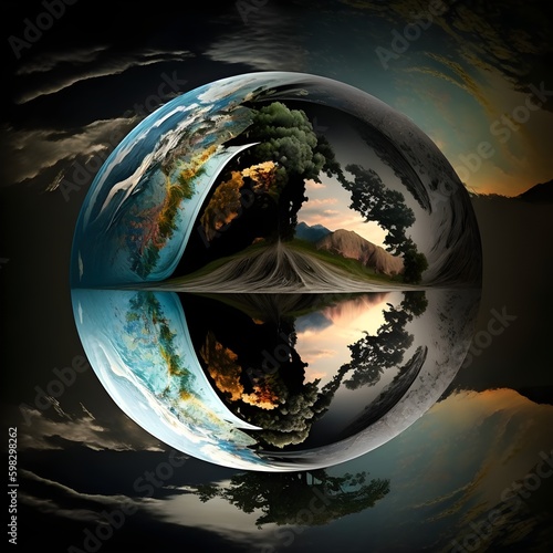 The world is reversed, where the images of the earth are reflected. The image is abstract and sharp.