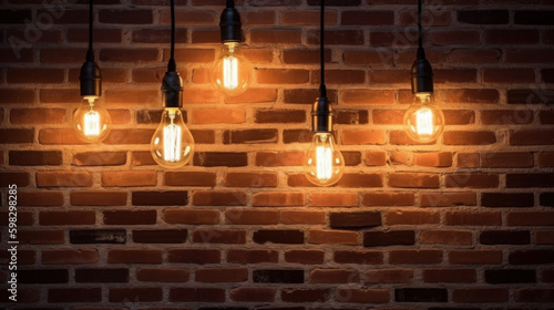 A vintage brick wall serves as the perfect background for an antique hanging light bulb, illuminating a retro-inspired interior design. Urban loft-style space, glowing lamps. Generative AI.