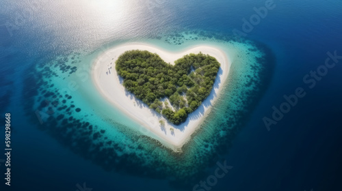 An idyllic heart-shaped island captured by a drone, showcasing the beauty of nature as it blends with the blue waters of the Adriatic Sea and the lush green coastline. Generative AI. © Fortis Design