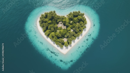 An idyllic heart-shaped island captured by a drone, showcasing the beauty of nature as it blends with the blue waters of the Adriatic Sea and the lush green coastline. Generative AI.