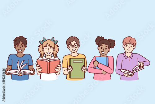 Little diverse kids with books smile and look at screen for happy childhood concept. Children boys and girls, elementary school students read textbooks given by teacher for Generative AI