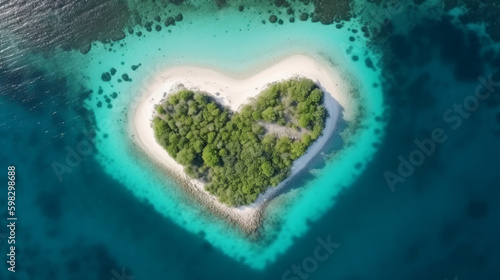 An idyllic heart-shaped island captured by a drone, showcasing the beauty of nature as it blends with the blue waters of the Adriatic Sea and the lush green coastline. Generative AI. © Fortis Design