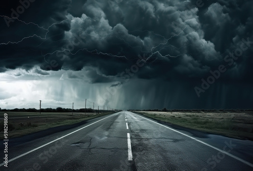 background of stormy weather and lightning on an open country road, in the style of an apocalyptic collage. Country road with lightning and dark clouds. .Photorealistic landscapes. AI