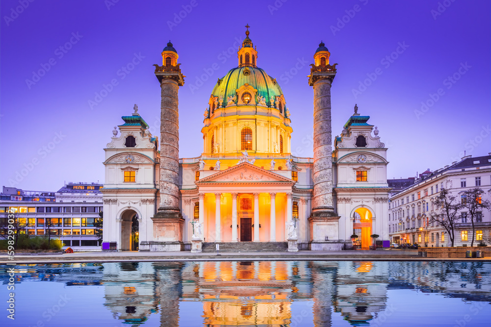 Vienna, Austria. Karlskirche is a Baroque church in Wien, night illuminated.