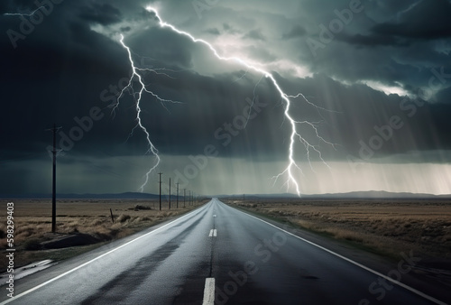 background of stormy weather and lightning on an open country road, in the style of an apocalyptic collage. Country road with lightning and dark clouds. .Photorealistic landscapes. AI