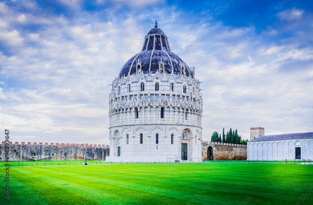 Pisa, Italy. Tuscany travel destination, Baptistery largest in Italia.