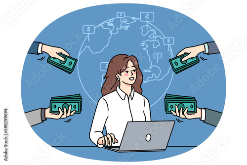 Successful businesswoman work online on computer get contracts around the world. Female freelancer get money or financial compensation for web job. Freelance. Vector illustration. Generative AI