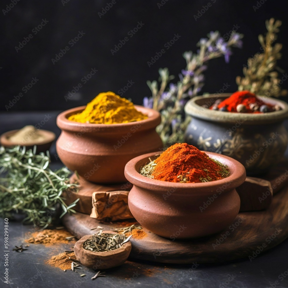 Various Spices and Herbs in Rustic Bowls on Dark Moody Background. Generative ai Various Spices and Herbs in Rustic Bowls on Dark Moody Background. Generative ai