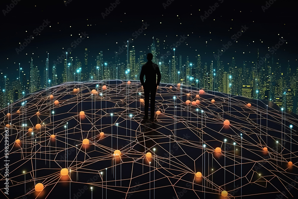 Φωτογραφία Panorama aerial view in the cityscape skyline with smart services and icons, internet of things, networks and augmented reality concept , night scene