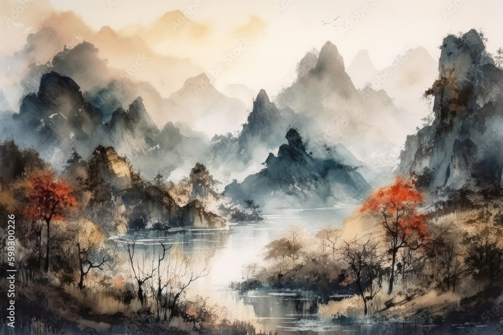 Fototapeta premium Chinese outdoor ink landscape painting