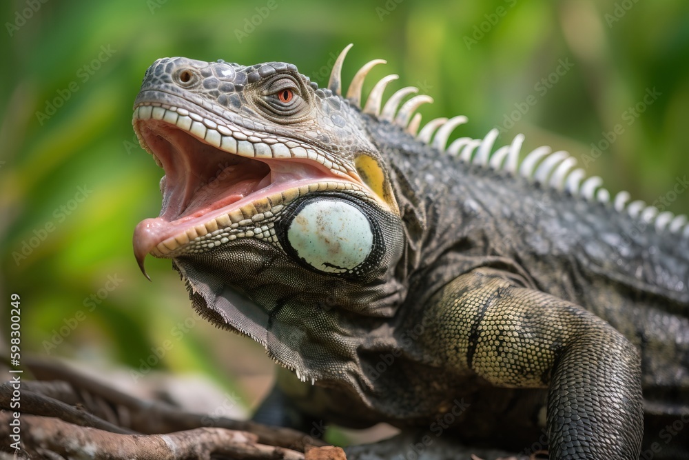 Fototapeta premium Iguana with its tongue ou