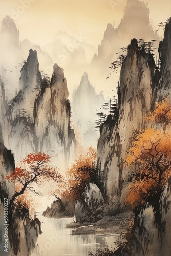 Chinese outdoor ink landscape painting photo