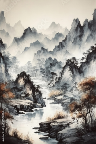 Chinese outdoor ink landscape painting