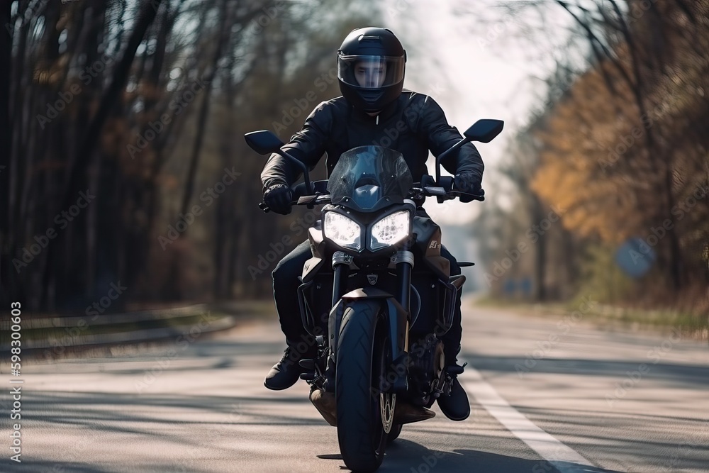 A motorcyclist on a sports bike rides the streets and highways, generative AI. A motorcyclist on a sports bike rides the streets and highways, generative AI.