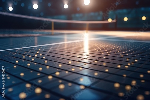 Bright background with copy space of table tennis and ping pong table with net, generative AI.