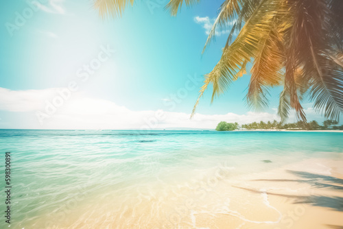 Sunny tropical beach with palm leaves and paradise island. Location on a tropical island with palm trees and amazing tropical vibrant beach. 
