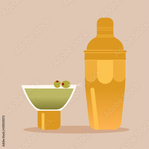 Dry martini with olives and golden cocktail shaker. Vintage cocktail with grain texture. Vector illustration.