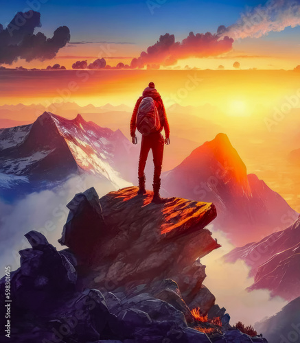 The traveler stands on the top of the mountain and looks at the sunrise. Generative AI