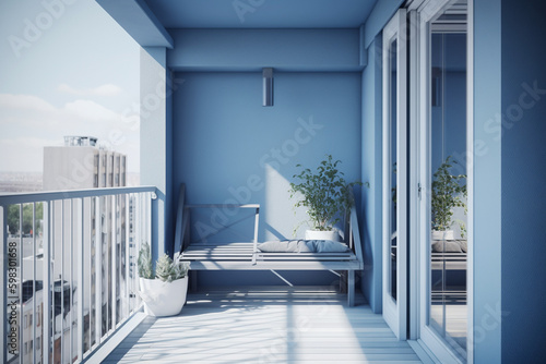  Cute modern balcony, minimalistic design interior style. Blue light colors. Super photo realistic background, generative ai