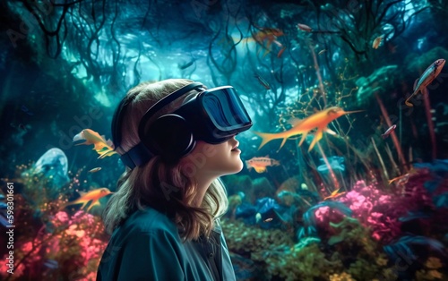 Child in Virtual Reality Glasses Transports to a Fantasy Alien Landscape with Exotic Flora and Fauna. Generative ai © Scrudje