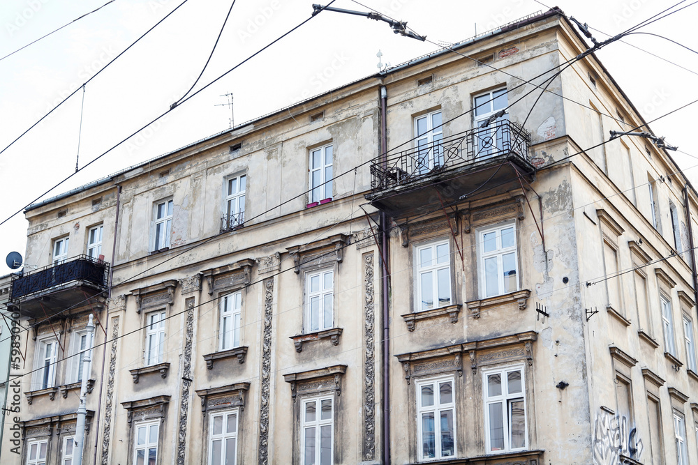KRAKOW, POLAND - MARCH 29, 2023: Old townhouses in Kazimierz, former jewish quarter of Krakow.