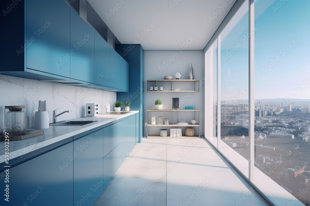 Modern kitchen with balcony, clean minimalistic interior design, light blue and white colors. Super photo realistic background, generative ai illustration. Modern kitchen with balcony, clean minimalistic interior design, light blue and white colors. Super photo realistic background, generative ai illustration.