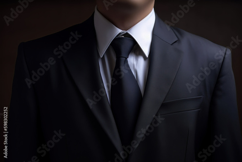 A professional businessman donning a corporate tie and elegant suit. The enigmatic nature of the business world and leadership dynamics. Young caucasian lawyer being successful at work. Generative AI.