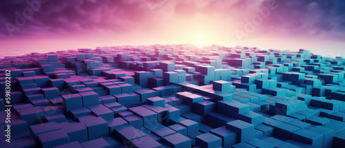 abstract blue and purple cube world background with sunset generative ai