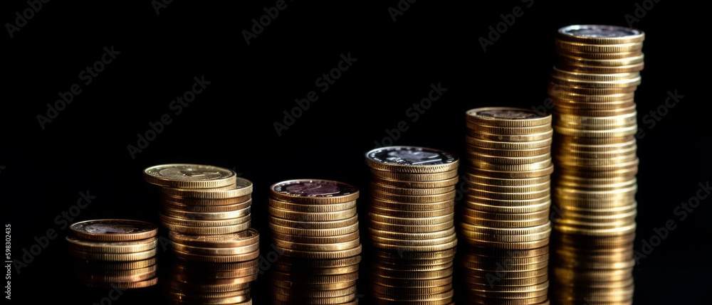 A pile of gold coins symbolizes wealth and financial success. Prosperous economy and a thriving banking sector. Concepts of investment, currency, and savings. Personal business finance. Generative AI.