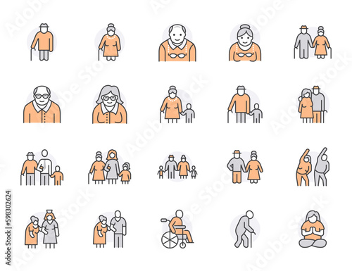 Elder people care flat line icons set. Senior couple, nursing home, happy old man exercising, patient support vector illustrations. Outline signs older citizens. Orange color. Editable Stroke