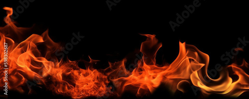Orange blazing flames. Hot burning flaming barbecue. Isolated heat on dark, black, background. Delicious summer grill. Photo of texture. Yellow and red element. War chili. Spicy food. Generative Ai.