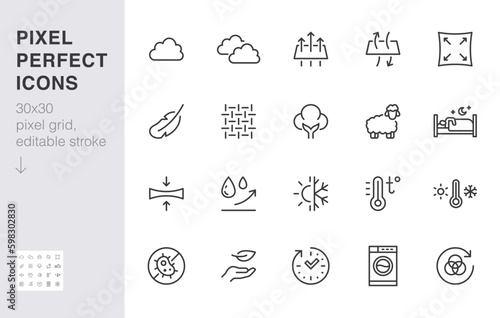 Blanket pillow properties line icon set. Cushion, lush, breathing, fluff, filler, waterproof minimal vector illustration. Simple outline sign for comfort sleep. 30x30 Pixel Perfect, Editable Stroke photo