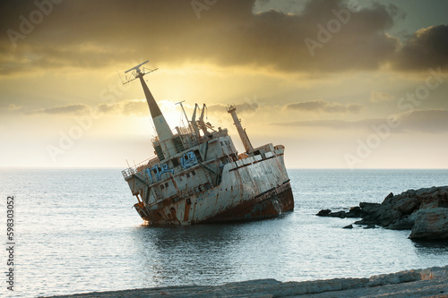 sunken ship at sea, landscape, nature, cyprus photo