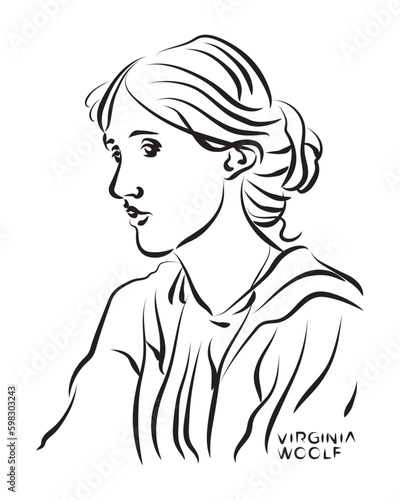 Virginia Woolf pencil sketch illustration. British novelist, essayist, publisher, critic. Poster, Wall Decoration, Postcard, Social Media Banner, Brochure Cover Design Background. Vector Pattern.