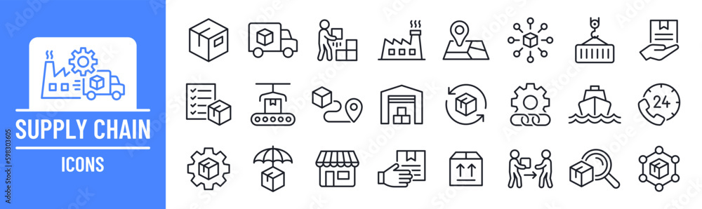 Supply chain icon set. Delivery, distribution, factory, warehouse, shipping, product, box, industry and logistics icons. Line icon collection.