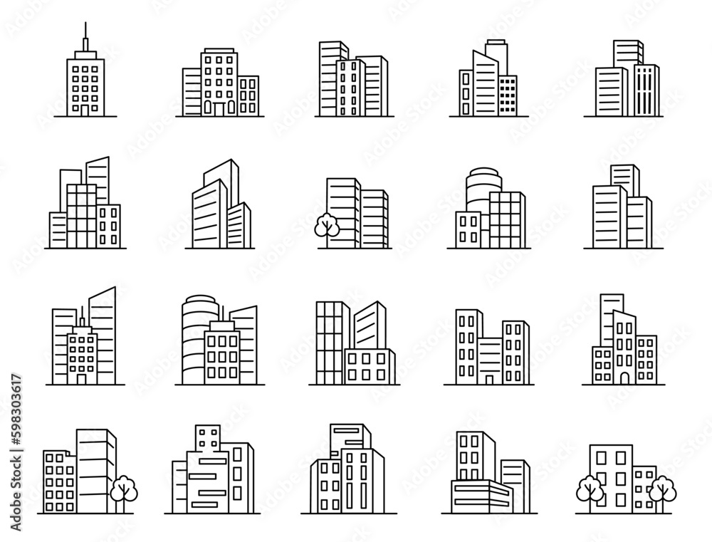 City buildings icons, black and white office and apartment. Bank in skyscraper, residential construction, hotel and development. Urban panorama. Vector recent line illustration