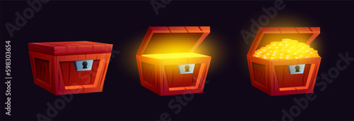 Wooden chest. Gold treasure box. Open and lock big pirate coffer. Closed medieval lid containers. Game loot. Shiny golden coins. Realistic wood objects set. Vector recent 3D illustration