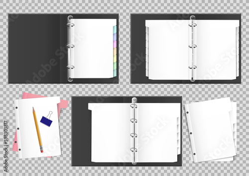 3D file folder. Open office notebook. Ring binder. Pages with holes. Paper divider. White corporate letter. Diary sheets. Pencil and clamp. Vector exact realistic stationery mockup set