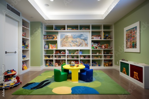 Vibrant children's playroom, colorful furnishings, creative storage, engaging artwork, learning space. generative ai photo