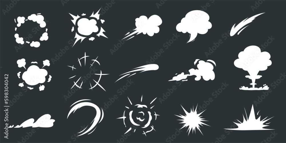 Comic speed effect, cartoon explosion. Flash boom and lighting smoke, motion energy in wind, puff clouds silhouette, smog or mist. Cartoon flat style elements. Vector recent isolated icons - obrazy, fototapety, plakaty 