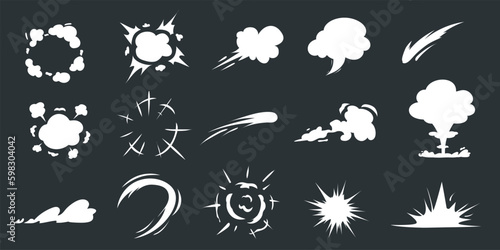 Comic speed effect, cartoon explosion. Flash boom and lighting smoke, motion energy in wind, puff clouds silhouette, smog or mist. Cartoon flat style elements. Vector recent isolated icons