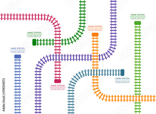 Train railway. Rail track infographic. Railroad or subway station map. Top view of tram road. Cargo transport. Locomotive way. Turns and crossroads. Vector utter colorful illustration