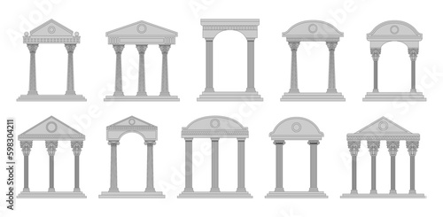 Greek and roman temples. Ancient pillars, line architecture buildings, pediment with Doric columns, building facade with carved stone white colonnade decoration. Vector tidy illustration set photo